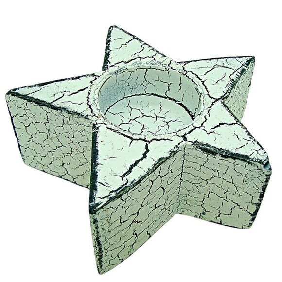 Home Decor Distressed Wooden Star Tea Light Candle Holder White Brown Crackle 3" - Picture 1 of 6